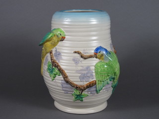 A Clarice Cliff vase decorated Budgerigars 8"