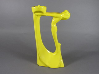 An Art Deco yellow glazed lamp base in the form of a standing naked lady 12"