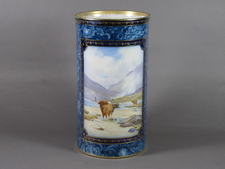 A Losol ware cylindrical blue glazed vase decorated highland cattle and flowers 11"
