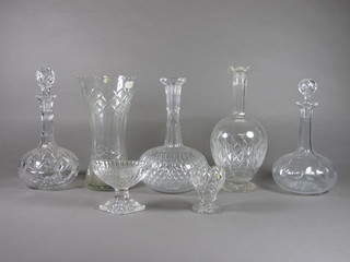 A 19th Century pressed glass boat shaped salt - chipped, a  circular salt, 4 decanters and a vase