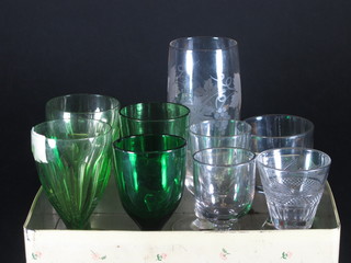 4 green Antique wine glasses and 5 other wine glasses