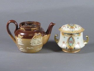 A Royal Doulton salt glazed hunting teapot, cracked - f and r, 4" and an Edwardian W Adams & Co twin handled dressing table  jar and cover with swag decoration 3"
