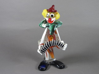 A Murano glass figure of a standing clown accordionist 9"