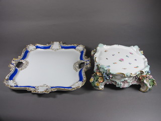 A "Meissen" twin handled blue and gilt porcelain tray 15"  together with a do. porcelain floral encrusted stand decorated  flowers and insects 8"