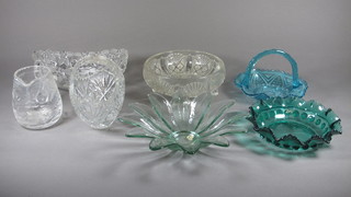 An etched glass jug 5", a cut glass basket shaped vase 7" and a collection of decorative ceramics