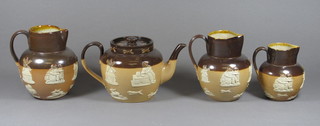 3 graduated Royal Doulton stoneware hunting jugs 7" - cracked,  6" and 5"- cracked, together with a do. teapot - lid f and r