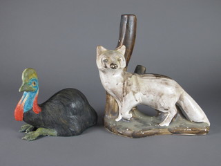 A David Sharp pottery figure of a fox, firing crack to base 13"  and a pottery figure of a seated Turkey 8"