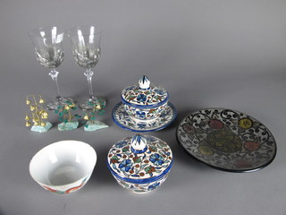 A part Jerusalem pottery dinner service, 5 jars and covers,  various Oriental bowls, 2 glasses and other items etc