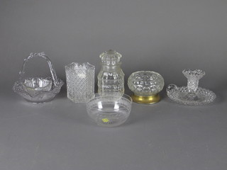 A pair of Victorian pressed glass chamber sticks, 6 etched glass finger bowls, various glass ice dishes etc