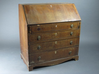 A Georgian inlaid mahogany bureau, the fall front revealing a well fitted interior above 4 long graduated drawers with brass  handles and ivory escutcheons, raised on bracket feet 37"w x  20"d x 40"h