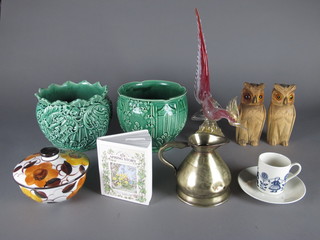 2 green glazed pottery jardinieres 8", collector's plates, glass  figure of a bird, a part coffee service, 4 prints, etc