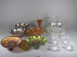 An etched glass punch bowl together with 6 cups, circular  pressed glass bowl, a green glass Carnival dish 8 1/2" and 5  other items of Carnival glass