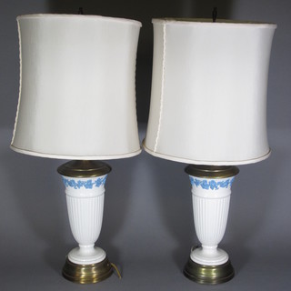 A pair of Wedgwood Queensware vases converted to table lamps with gilt metal mounts 13"