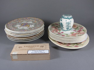 A Masons Ironstone green and white Willow pattern ginger jar  and cover 3 1/2" together with a 7 piece Liberty Masons ironstone Touraine pattern dinner service comprising 14" meat plate, 6  plates 10 1/2" and 9 other Masons plates