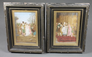 Jip Kueninere Carol?, pair of enhanced coloured prints on panel "Courtship Scene and Christening Scene" 11" x 7"
