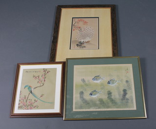 3 Oriental prints on silk panels "Carp" 12" x 15", "Peacock"  12" x 8" and "Mythical Bird" 9" x 12"