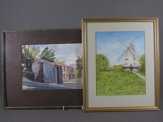Lesley Kellett, watercolour "Upminster Mill" 9" x 7", M Lewis, watercolour drawing "Farm Building" 6" x 10"