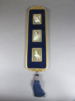 3 reproduction miniature portraits of ladies contained in a gilt frame 3" x 1 1/2"