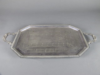 A lozenge shaped engraved silver plated twin handled tea tray 18"