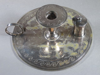 A Victorian circular engraved silver plated chamber stick incorporating a match box 6 1/2"