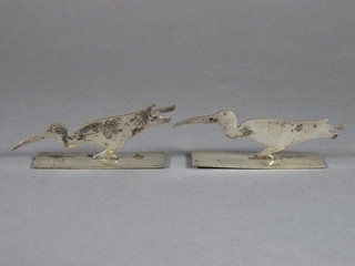 A pair of white metal menu holders decorated birds marked Yorel
