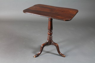 A 19th Century rectangular mahogany snap top wine table raised  on pillar and tripod supports 28"w x 18"d x 26"h