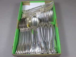 A service of 6 Victorian silver fiddle and thread patterned forks together with 13 pudding spoons London 1856 and 6 pudding  forks London 1842, makers mark GA, 54 ozs,