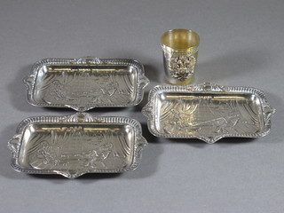3 Eastern embossed white metal dishes 3" and a silver plated  spirit measure decorated a double headed eagle
