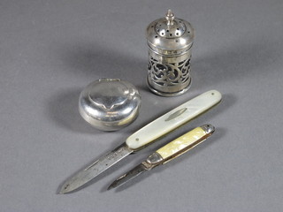 A silver bladed fruit knife with mother of pearl mount, a white metal ashtray, a silver pepperette - no liner and a small pocket  knife
