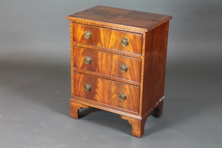 A Victorian style mahogany chest with crossbanded top, fitted 3  long drawers, raised on bracket feet 22"w x 15"d x 28"h