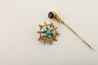 A dress brooch set turquoise and pearls together with a garnet and turquoise set tie pin