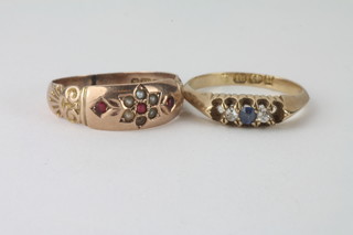 An 18ct gold dress ring set sapphires and 2 diamonds together  with a 9ct gold dress ring set garnets and demi-pearls - 1 missing