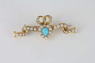 A handsome yellow gold bar brooch in the form of a ribbon swag  and heart set demi-pearls, the heart set a turquoise surmounted by  a small diamond