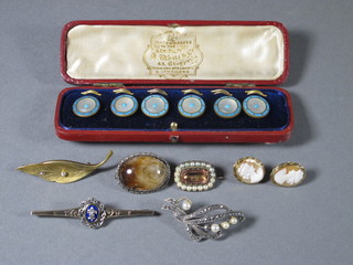 A 19th Century gilt metal brooch set demi-pearls and a foil backed stone, a gilt metal brooch set marcasite, a gilt metal leaf  brooch, 2 other brooches, a pair of cameo set earrings and a set  of 6 gilt metal cress studs