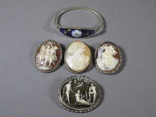 3 shell carved cameo brooches, 1 other and a silver and  enamelled bracelet