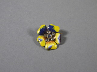 A gold and enamelled flower head brooch set 6 rose cut  diamonds