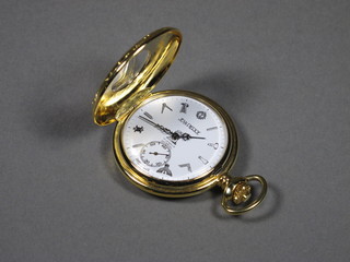 A Masonic half hunter pocket watch contained in a gold plated  case the dial decorated Masonic symbols by Jean Pierre