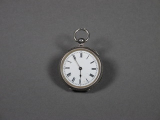 An early 20th Century Swiss silver pocket watch retailed by Fehrenbach Bros. Stroud & Chatham, having Roman enamelled  dial with outer minute track set lever movement, the base foliate  bright cut and centred with vacant cartouche