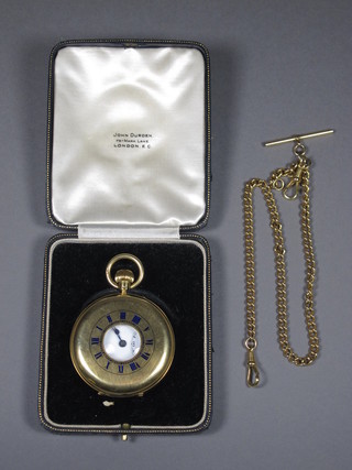 John Durden, Mark Lane, London, an early 20th Century 18ct  yellow gold half hunter keyless pocket watch, the outer case  monogrammed and enamelled with Roman numerals and  enclosing a Roman and Arabic dial with outer minute track, set  lever movement no.404440, together with a gold plated Albert  chain  ILLUSTRATED