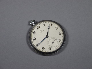An Omega stainless steel pocket watch having Arabic silvered  dial with second subsidiary dial and breguet numerals, set with a  15 jewel Swiss lever movement no.8074959   ILLUSTRATED