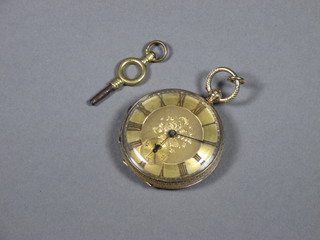 A late 19th Century 14ct gold pocket watch with engine turned  Roman and Arabic dial, lever movement, the case foliate bright  cut and engine turned centred with a vacant cartouche