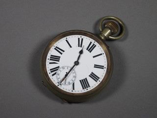 An early 20th Century silver plated Goliath pocket watch with  Roman and Arabic enamelled dial, lever movement