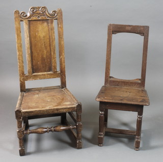 An early 18th Century oak solid seat side chair raised on baluster turned legs, together with 1 other similar early 18th Century oak  chair