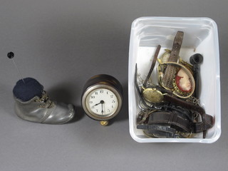 A pewter boot pin cushion together with sundry wristwatches etc