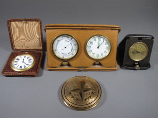 A tortoiseshell cased desk timepiece, having Arabic dial with  second subsidiary dial, an alligator skin desk timepiece, 1 other  and a gilt brass Festival of Britain powder compact