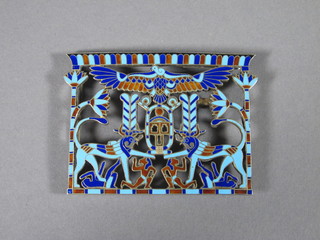 A 1920's French silver gilt belt buckle in the Egyptian taste, enamelled with Egyptian motifs 2.5"w  ILLUSTRATED