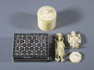 A carved ivory jar and cover 1", 2 carved ivory figures and a  Moorish style box 2"