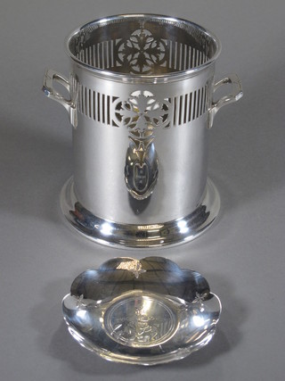 A cylindrical pierced silver plated twin handled soda siphon holder by Mappin & Webb 6.5" and a silver dish