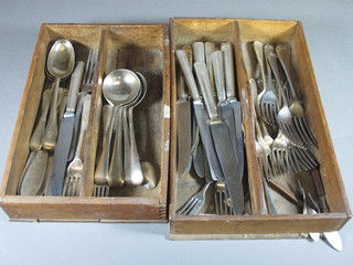 2 oak cutlery trays containing silver plated flatware