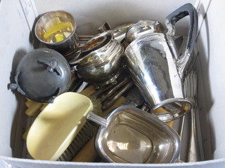 A silver plated hotwater jug, do. cream jug and sugar bowl and  other plated items